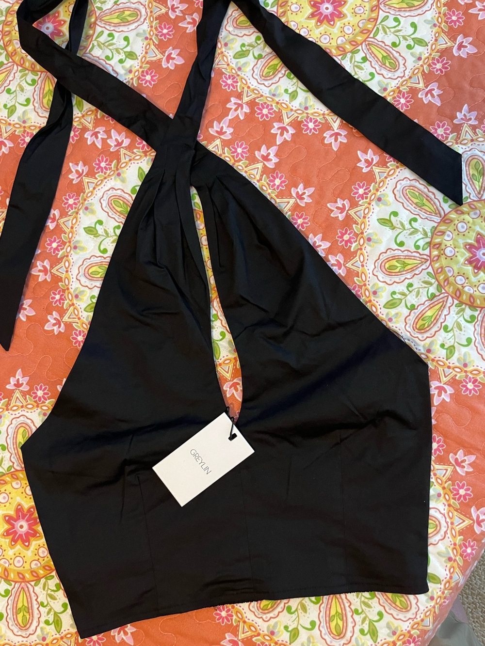Greylin Cotton Poplin Black Halter Smocked-Back Cropped Top Sz M NEW